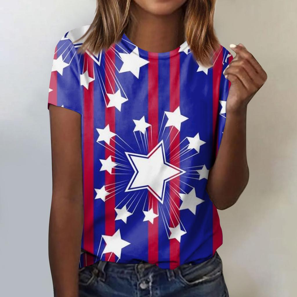 Women's Fashion Casual Independence Day Printed Round Neck Short Sleeve T-Shirt Top