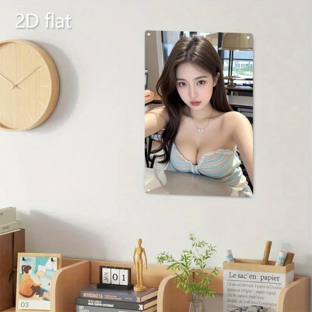 Hisun Tin Sign Sexy Asian Girl in Striped Strapless Top at Cafe Metal Tin Sign Vintage Iron Painting Wall Art Decor for Man Cave Bar Pub Home