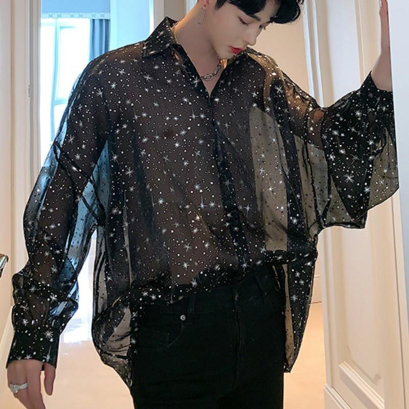 Мужская прозрачная рубашка, свободная мешковатая блестящая блузка с прозрачными рукавами реглан, клубные топы, праздничная одежда