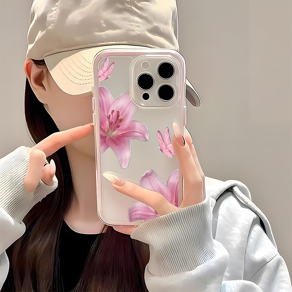 Романтичный Розовый Лилия Прозрачный Чехол Для Телефона Для iPhone 11 12 13 14 15 16 17 Pro Max 17 Air Plus 2 в 1 Конфетный Цвет Силиконовый Мягкий Чехол