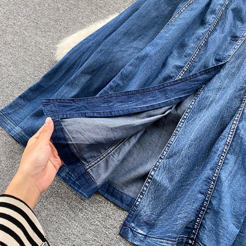 RUGOD Платье с французской талией и кружевной строчкой, джинсовое платье-рубашка на пуговицах с рукавами три четверти, чувство маленького темперамента