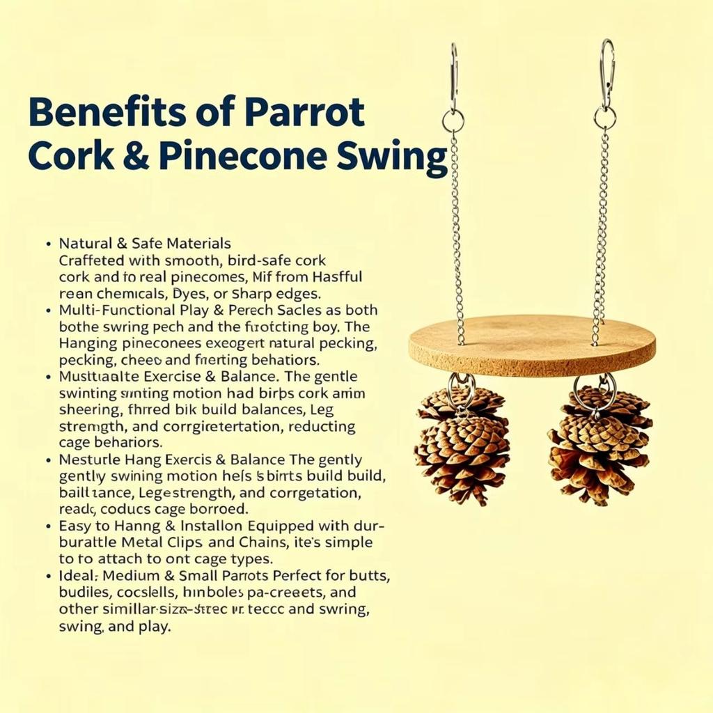 Natural Cork Pine Cone Parrot Swing Toy with Stainless Steel Hardware Hanging Wooden Perch Chew Stand Eases Anxiety for Budgie