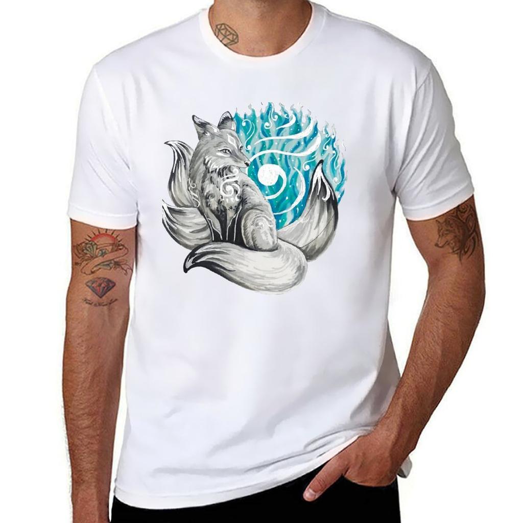 Fox Kitsune With Blue Foxfire Tshirt T Shirts For Unisex Graphic Vintage Tshirt