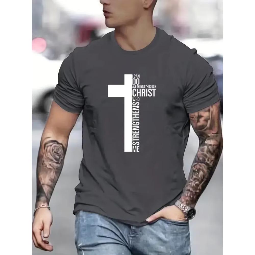 Fashion Cross Print Men's Creative Top Casual Micro Elastic Short Sleeve Crew Neck T-Shirt Outdoor Sports Men's Cotton T-Shirt