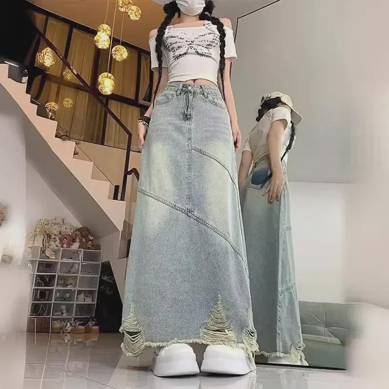 Женская джинсовая юбка А-силуэта в стиле ретро с высокой талией — средняя длина, миниатюрная посадка, рваный дизайн