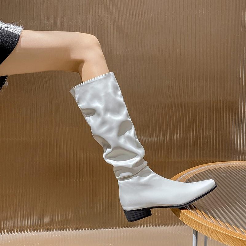 New Women Boots Zipper Thick Mid Heels Simple Solid Pleated Leather Autumn Winter Boots Knee High Botas Plus Size 34-42