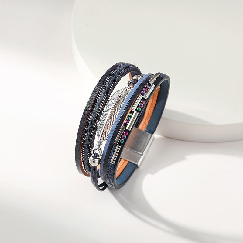 Многослойный браслет из искусственной кожи в богемном стиле, женский, с магнитной застежкой-листом, аксессуары для украшений