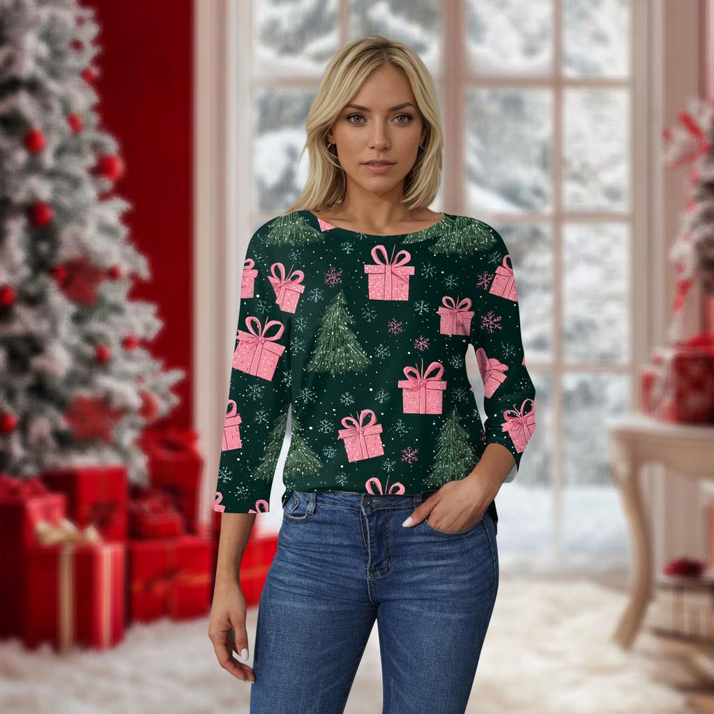 Women's O-Neck 3/4 Sleeve Christmas Print Top