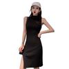 Slim Round Neck Knit Women Slit Dress Novel Chic Solid Color Sleeveless Knee-length Dress