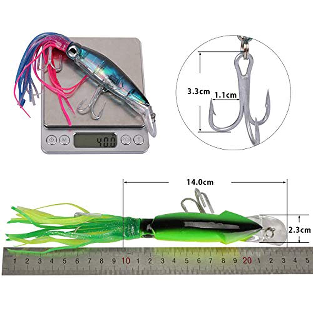 Marlin and 6 fishing lure hard with treble floating octopus fishing artificial saltwater squid-shaped lures, tuna, colors, set, 14cm, 40g, rod, hook,