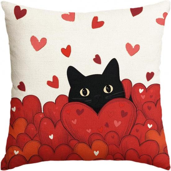 AVOIN colorlife Valentine's Day Black Cat Throw Pillow Cover, 18 x 18 Inch Red Love Heart Anniversary Wedding Cushion Case Decoration for Sofa Couch
