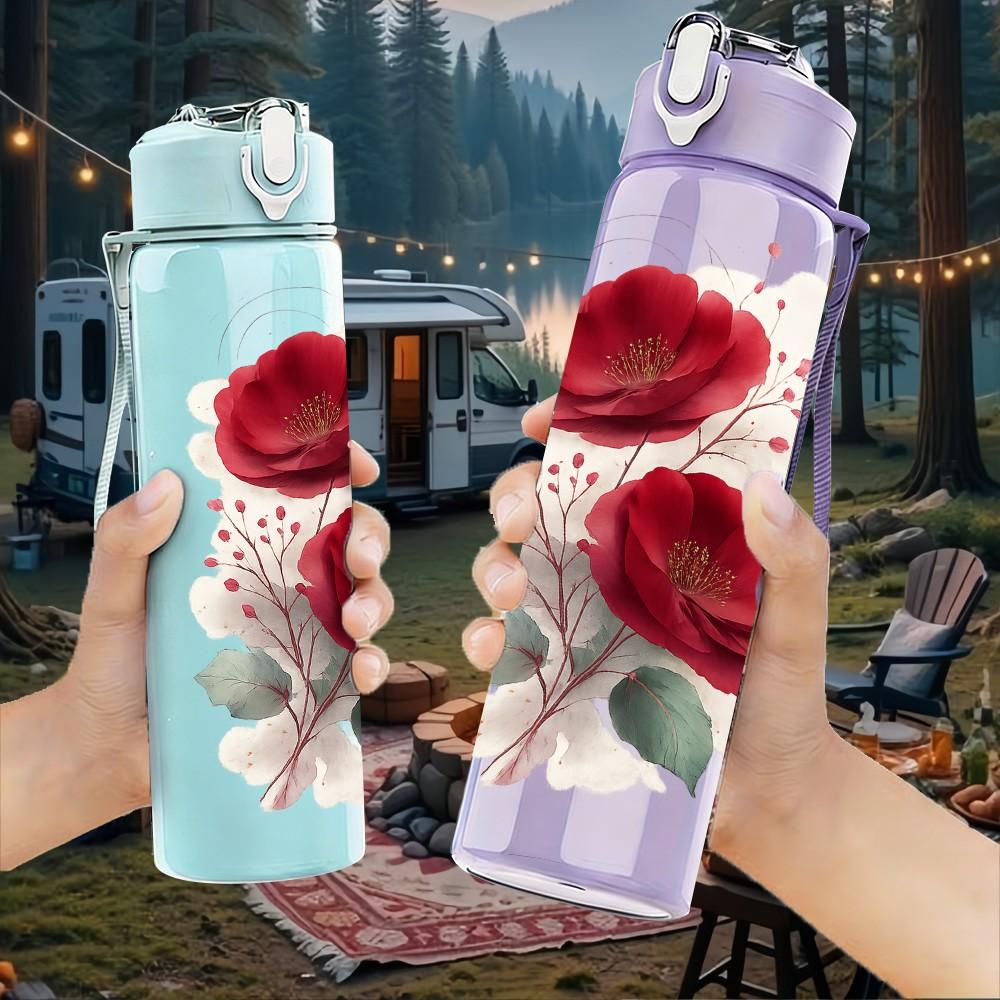 1PC Red Rose Flower 750ml Color Plastic Sports Water Bottle Leakproof Flip Straw Lid Suitable for Sports Office Home Use