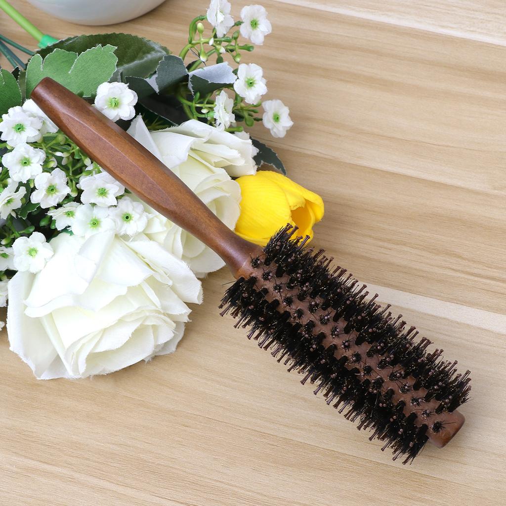 Professional Boar Bristle Nylon Round Hair Brush for Blow Drying Straightening Curling Styling Spiral Design Wooden Handle