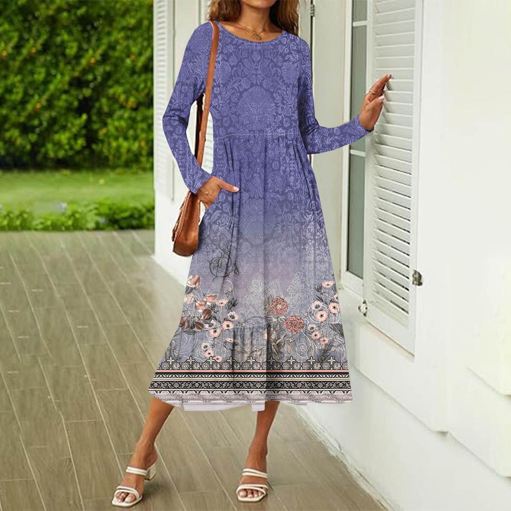 Женское повседневное платье с принтом, весна-осень, карман, круглый вырез, длинные рукава, платья