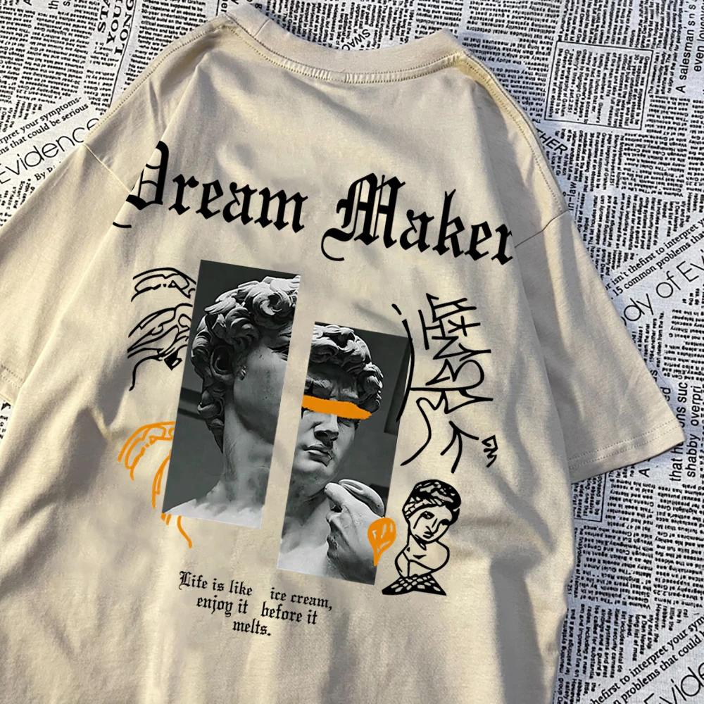 Мечта Создатель Смелый Скульптура Pattern Одежда Мужская Винтаж Хлопок Уличная одежда Парные футболки с круглым вырезом Однотонные летние топы