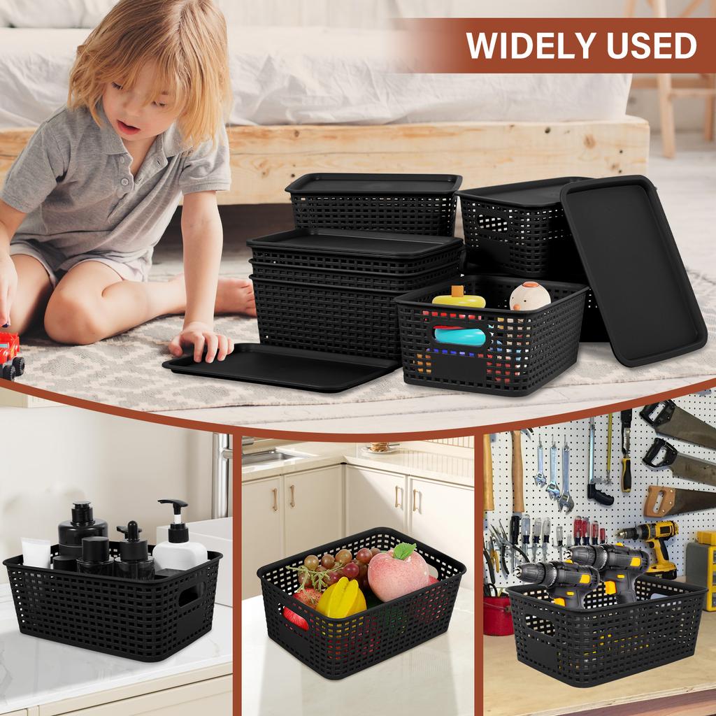 8 шт. Пластиковая корзина для хранения, штабелируемый настольный органайзер, контейнер с ручкой и крышкой, плетеный органайзер с полыми сторонами