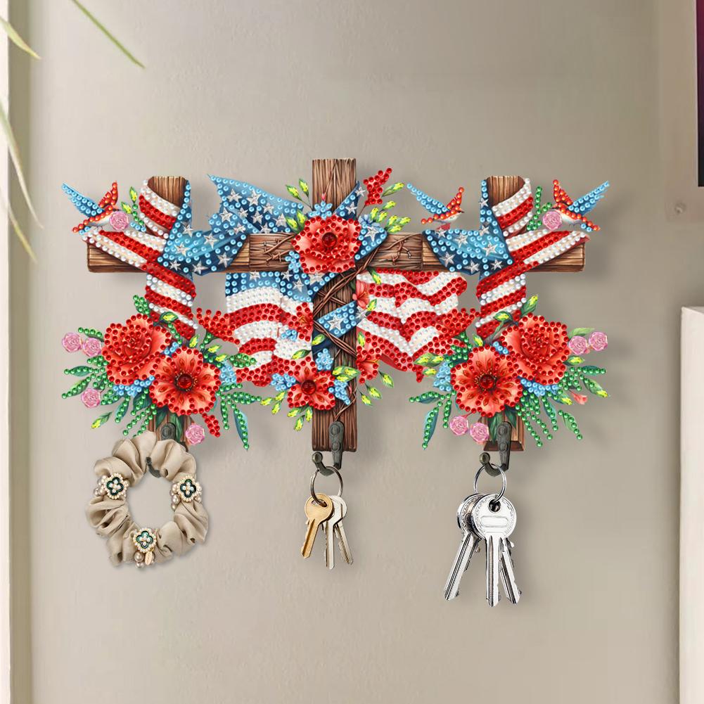 Wooden Flag & Flower Diamond Art Hanging Hooks Rhinestone Painting Coat Hook 3 Hooks Diamond Painting Hook Rail DIY Crafts Decor