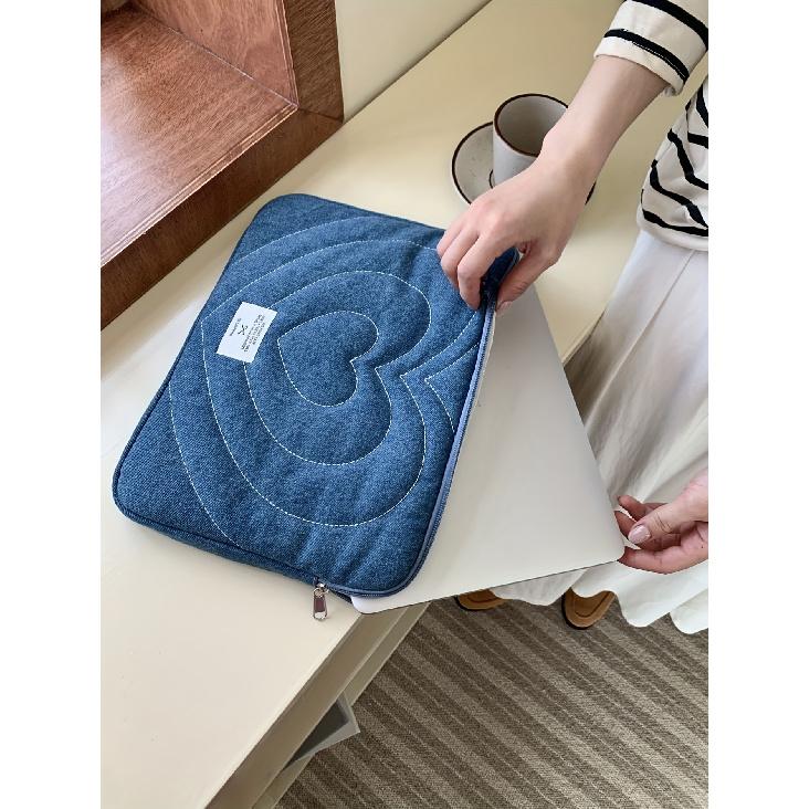 Shockproof Laptop Bag Korean Style Heart Embroidered Design With Polyester Lining Comfortable Shoulder Strap Personality Cute Bow Shoulder Tote Bag