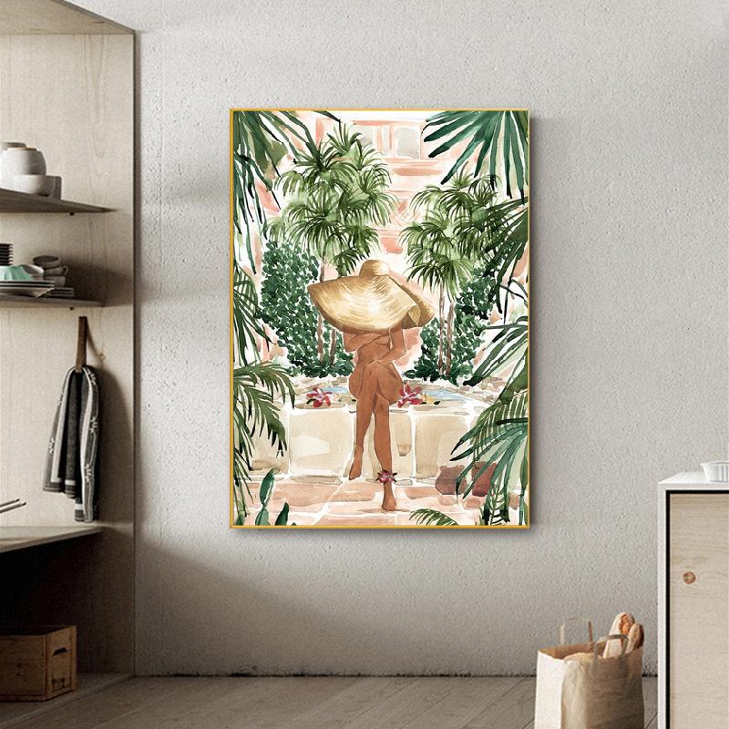 Tropical Summer Woman Art Boho Chic Watercolor Jungle Print Canvas Painting Living Room Bath Wall Home Decor Poster Pictures