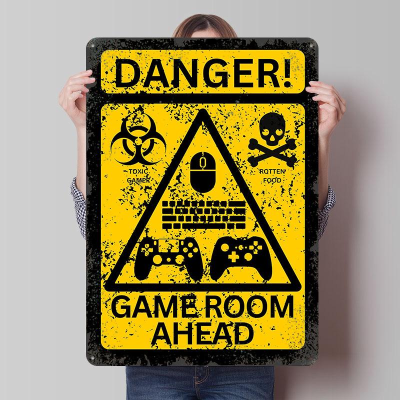 Gamer Room Danger Sign Tinplate Poster Customized Wall Art Vintage Retro Metal Signs for Aesthetic Decoration At Home Man Cave