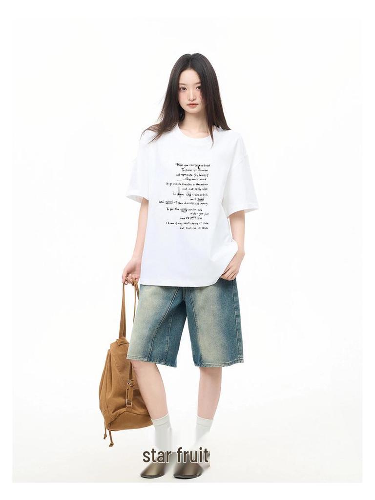 Women's Korean Style Cotton Letter Print Short Sleeve Loose T-shirt - Summer Student Fashion Top