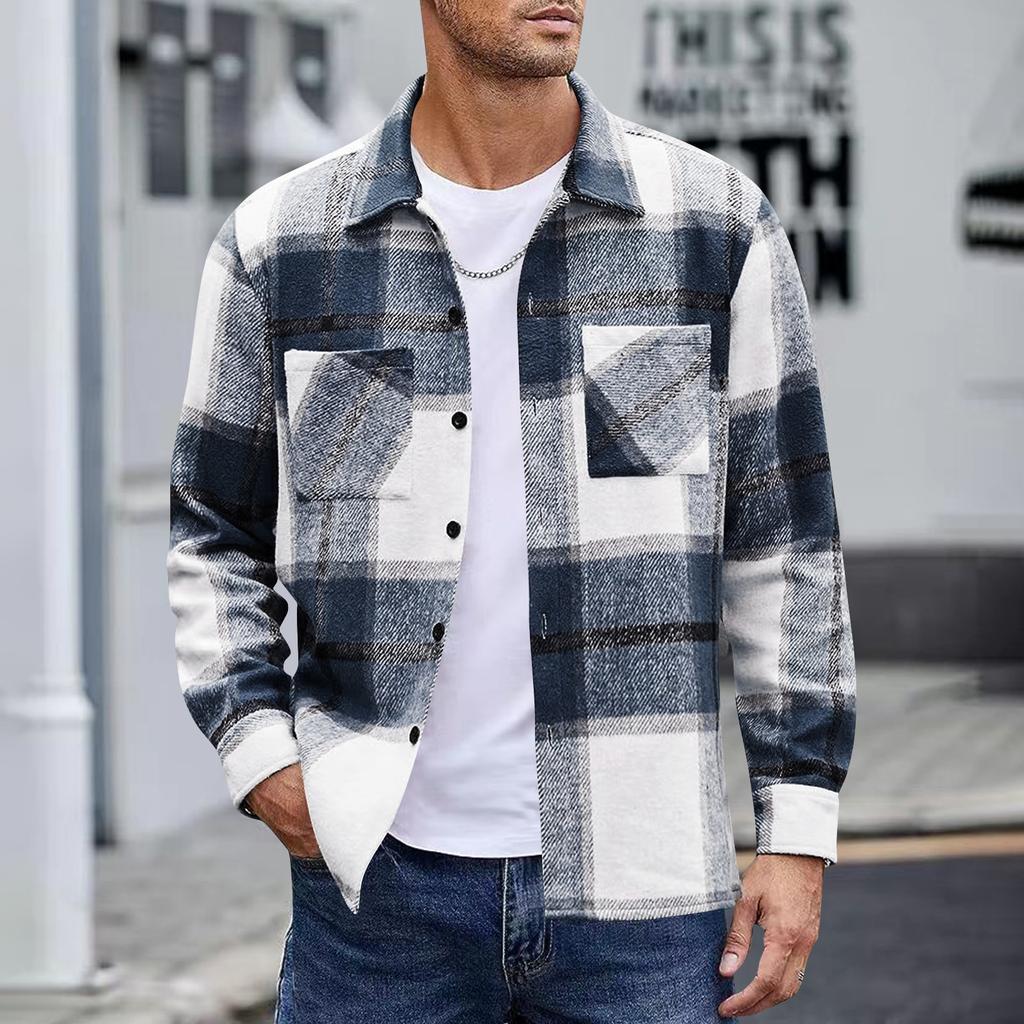 Men's Button Down Double Pocket Warm Plaid Colorblock Casual Comfortable Shirt Jacket