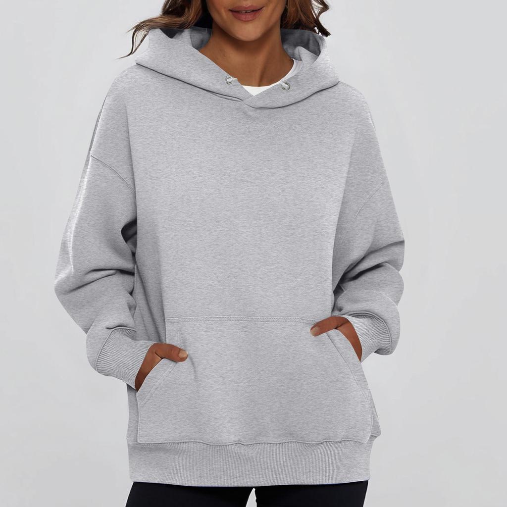 Ladies' Fashionable Solid Color Casual Hooded Pocket Long Sleeved Sweatshirt