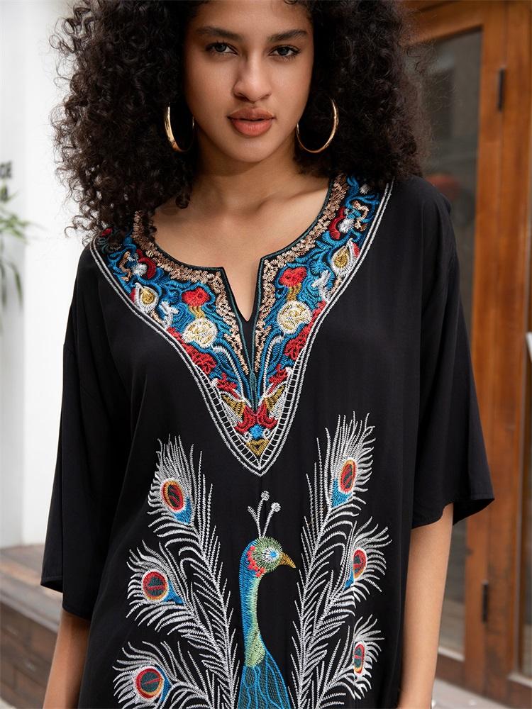 Богемный узор павлина Премиум-вышивка с V-образным вырезом Пляжные накидки для женщин Повседневное домашнее платье Летний купальник-накидка Свободный халат Q1663