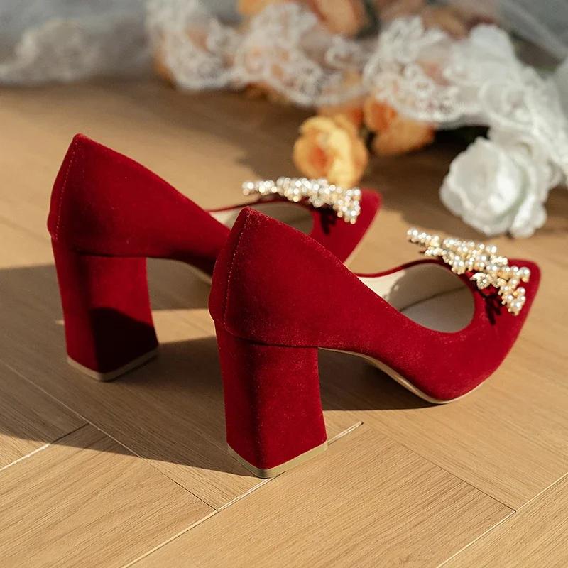 Design Shoes Spring/Autumn Pointed Toe Party Women's Thick Heels Fashion New Bride Red Suede Wedding Shoes Zaptos Mujer