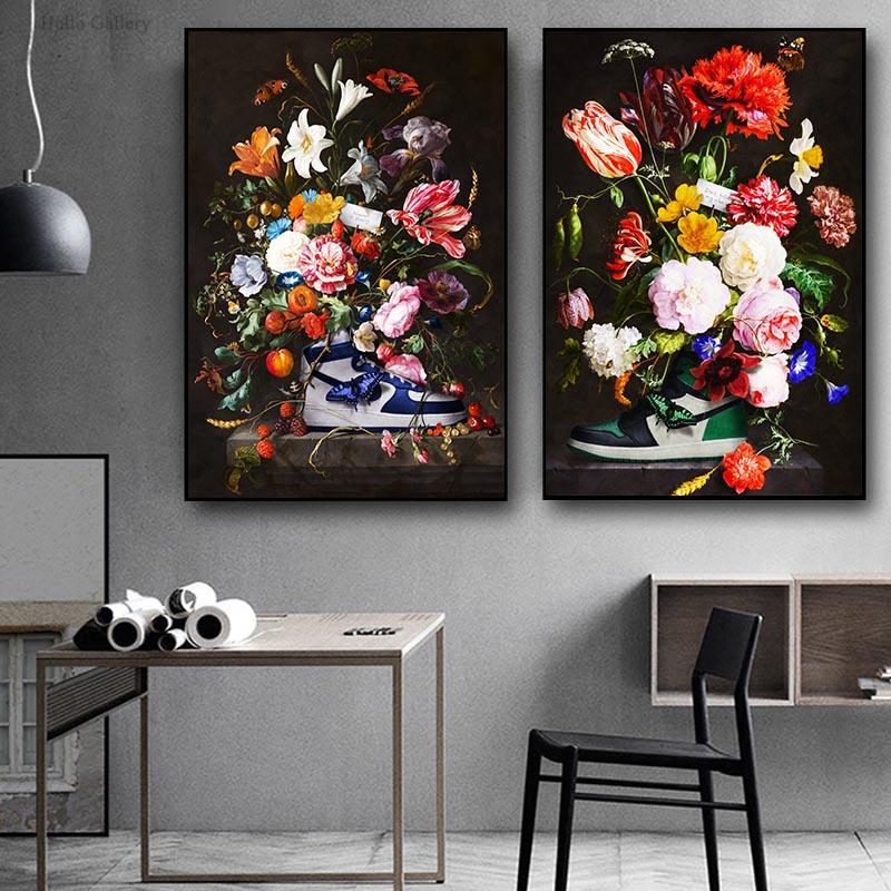 Цветочная спортивная обувь, картина на холсте, плакат с цветочной спортивной обувью, подвесная картина, украшение дома