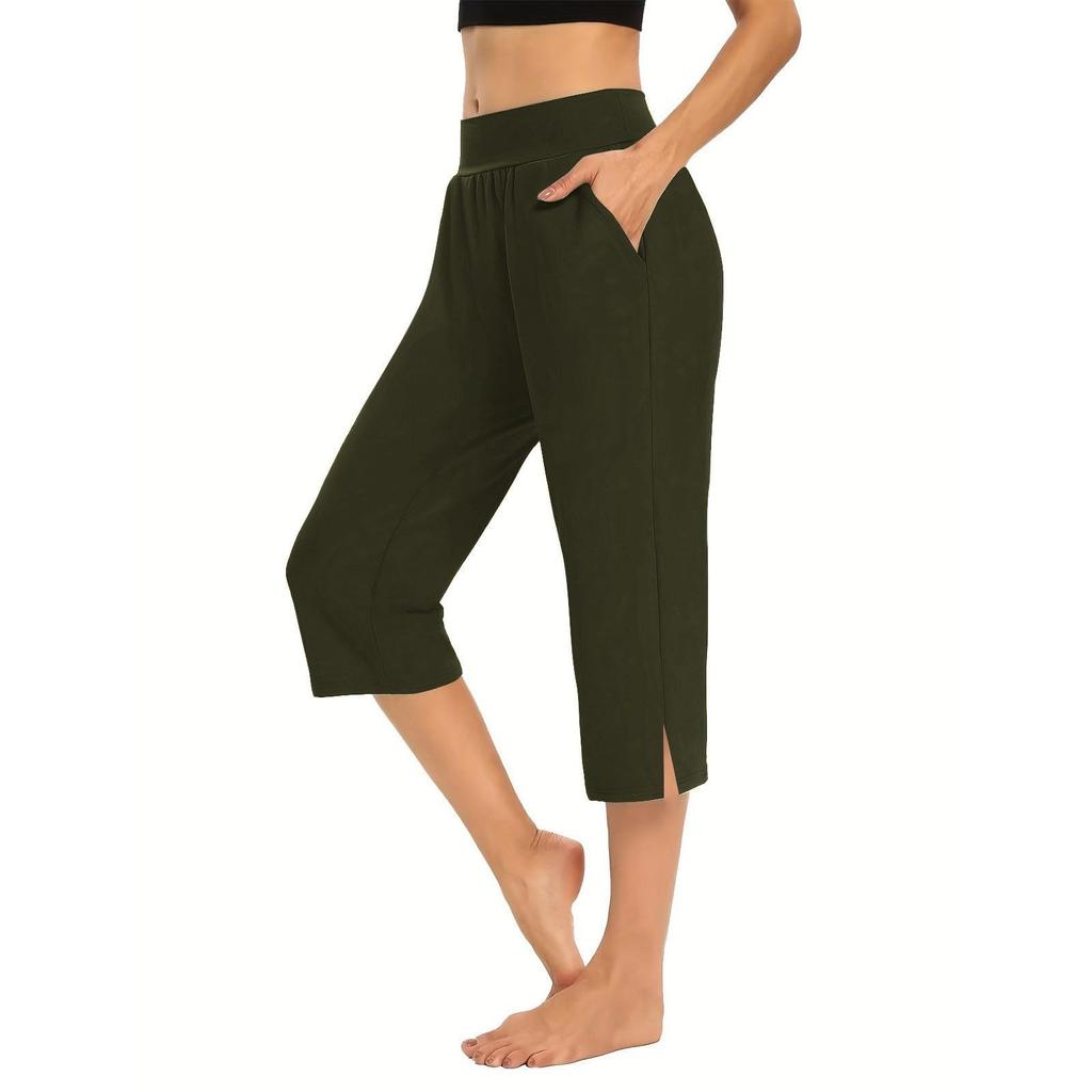 Women Elastic High Waist 3/4 Pant Casual Active Fit Wide Capris Leg Pants Trousers With Pockets