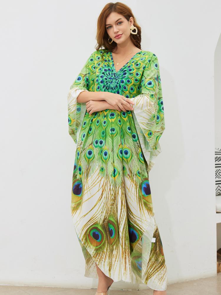 EDOLYNSA Плюс размер кафтан богемный зеленый павлин с принтом летнее длинное пляжное платье женская домашняя одежда наряд купальный костюм накидка свободный кафтан