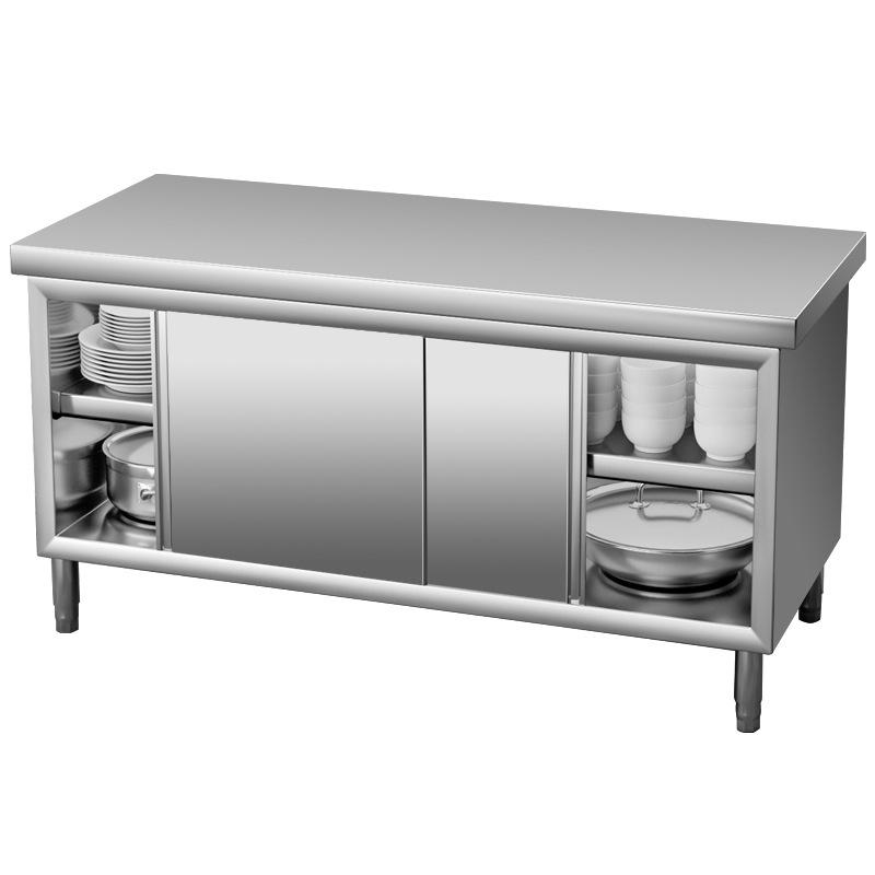 Stainless Steel Sliding Door Kitchen Workbench with Cutting Board and Cabinet Countertop.
