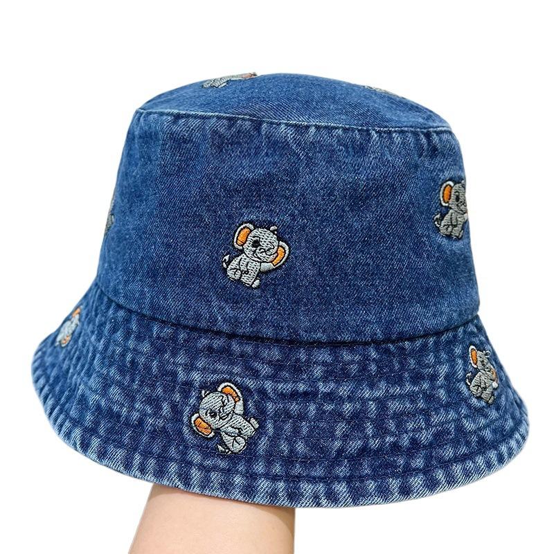 Retro Washed Distressed Embroidered Denim Hat for Women, Summer Large Brim, Face-Slimming Bucket Hat