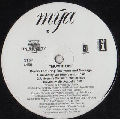 12-дюймовая пластинка MYA - Movin On (Ремикс) INT8P6459PROMO Interscope Reco 1998 US Соул/Фанк Б/У