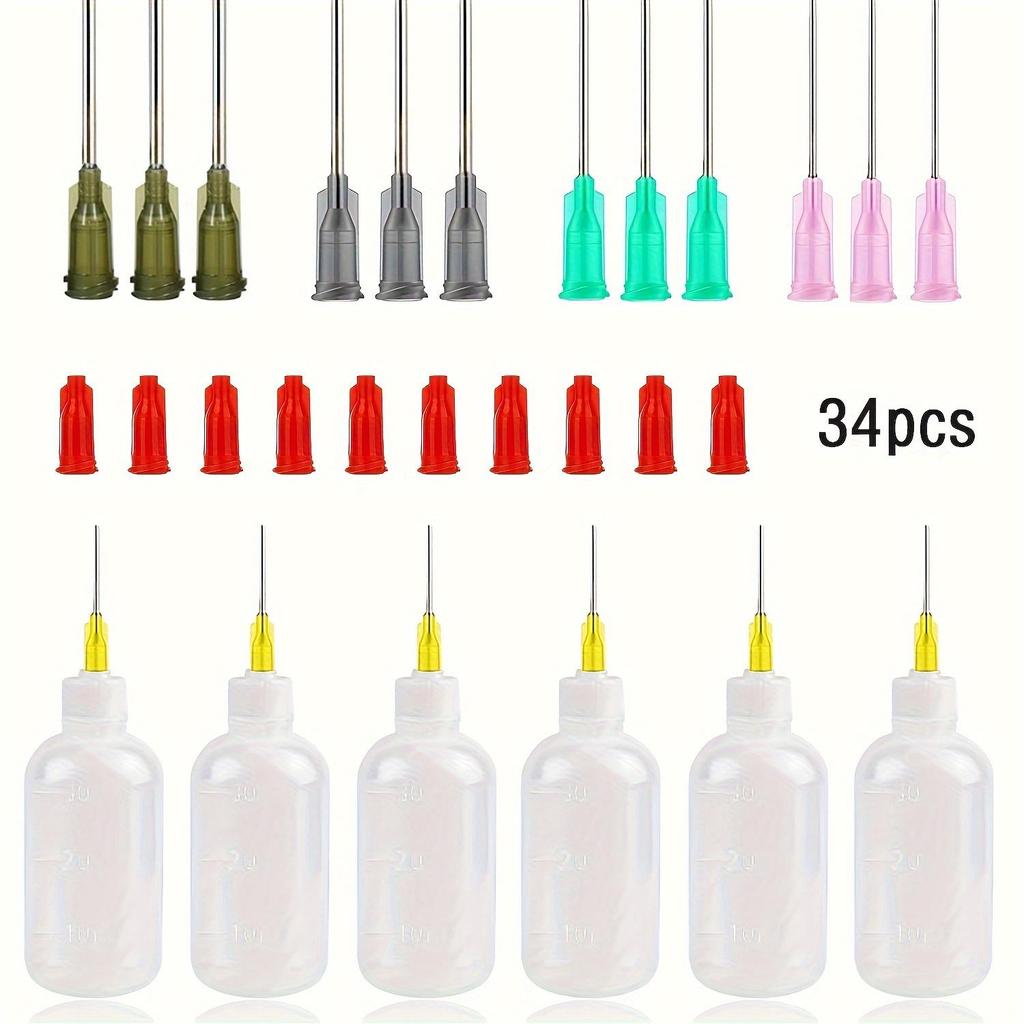 34 Pcs Glue Applicator Bottles Set, 30ml Plastic Squeezable Dropper Bottles with Blunt Needle Tip