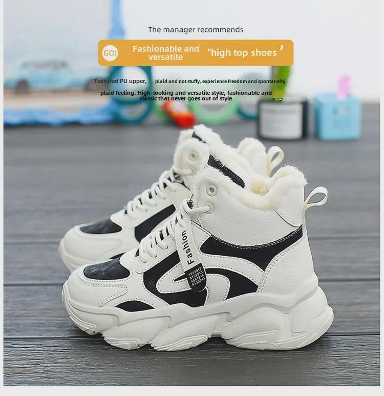 A09 Женские высокие бархатные туфли для папы - зимняя версия 2025 года, теплая хлопковая спортивная обувь в корейском стиле для студентов