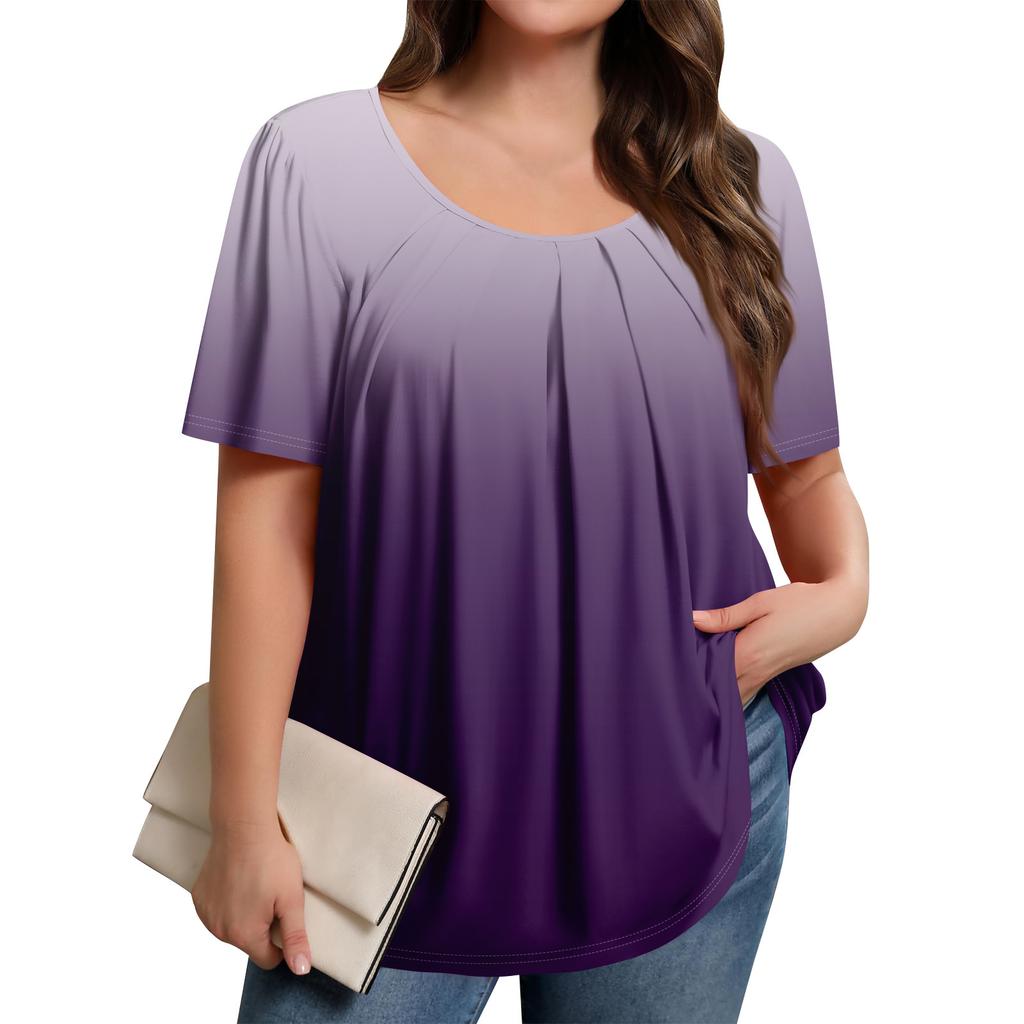 Плюс Размер Женский Повседневный Круглый Вырез Плиссированный Короткий Рукав Однотонный Топ