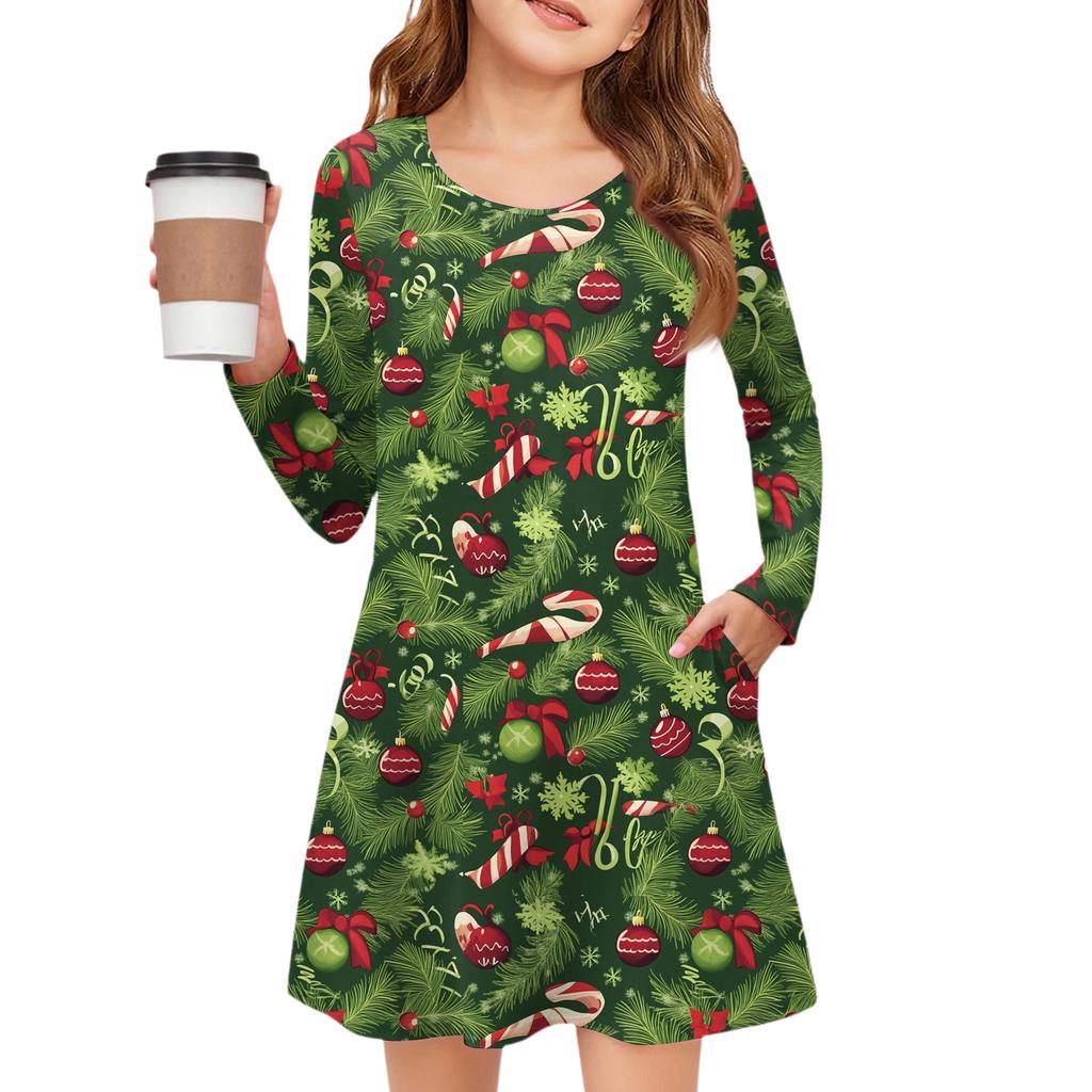 Christmas Day Girls' Long Sleeve Dress - Color Pocket Dress