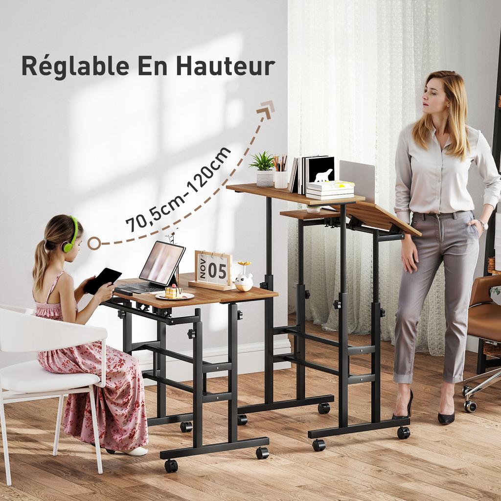 Sit Stand Desk Height Adjustable Desk 70 X 60 Cm With Wheels Tilted Desktop Metal Frame Brown