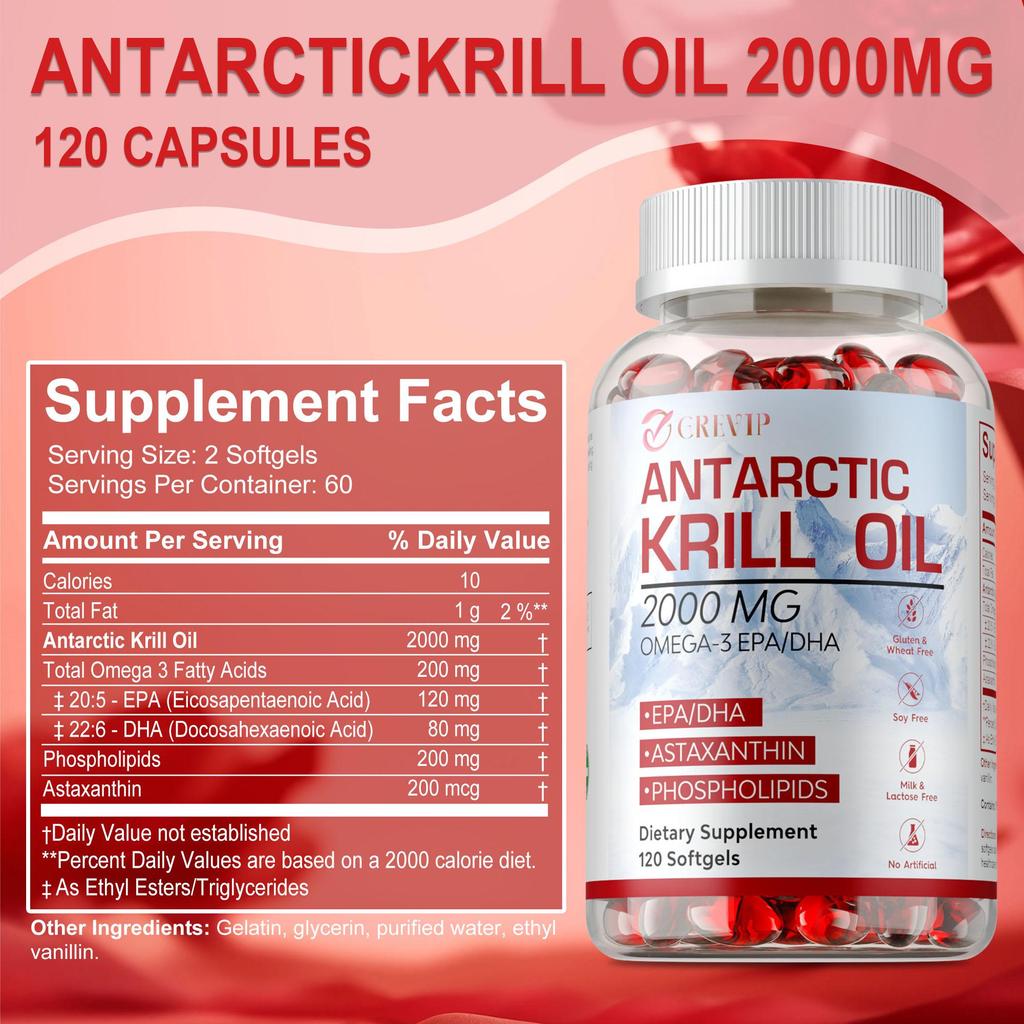 Мягкие капсулы с маслом антарктического криля - 2000 мг с Омега-3 EPA, DHA, Астаксантином и Фосфолипидами - для поддержки мозга, сердца, суставов, кожи и иммунитета