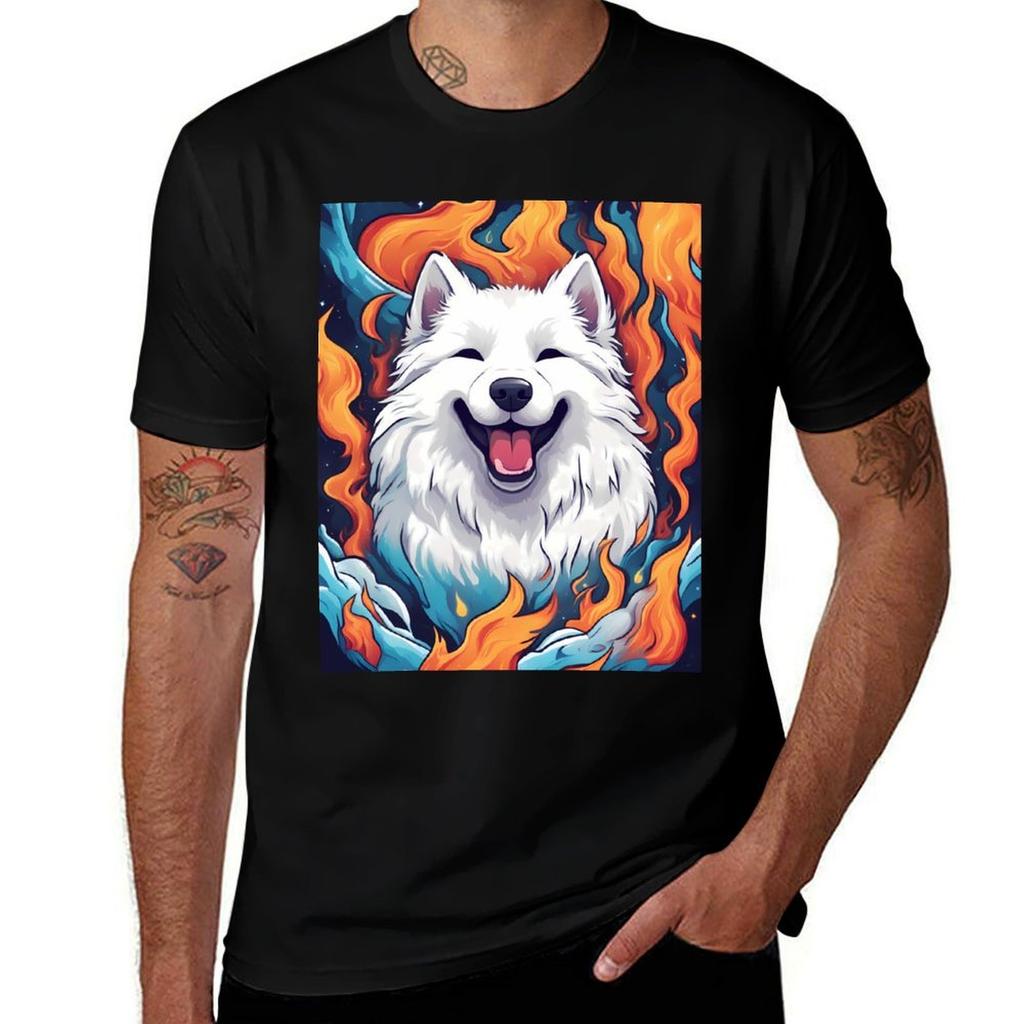 Samoyed Dog Portrait Vivid Flame Aura Tshirt Trendy Pattern Tshirt For Unisex