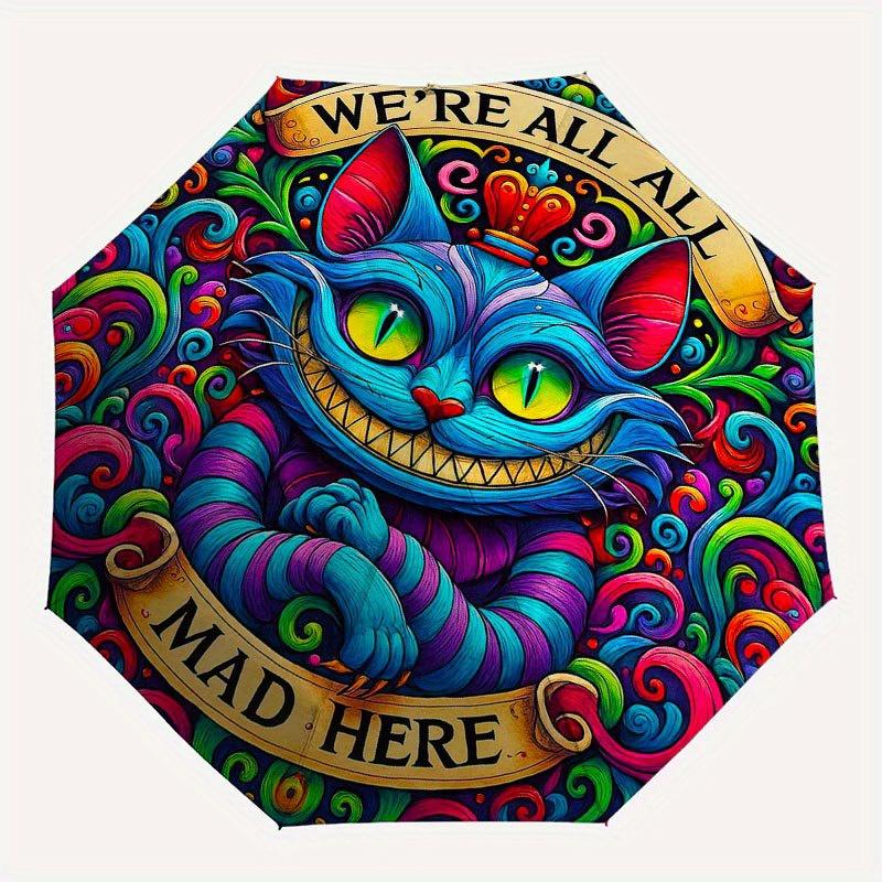 Чеширский кот: Наклейка-зонт «Мы все здесь сумасшедшие», Милый зонт с милым дизайном, Портативный компактный 3-складной зонт для мужчин и женщин, День святого Валентина М