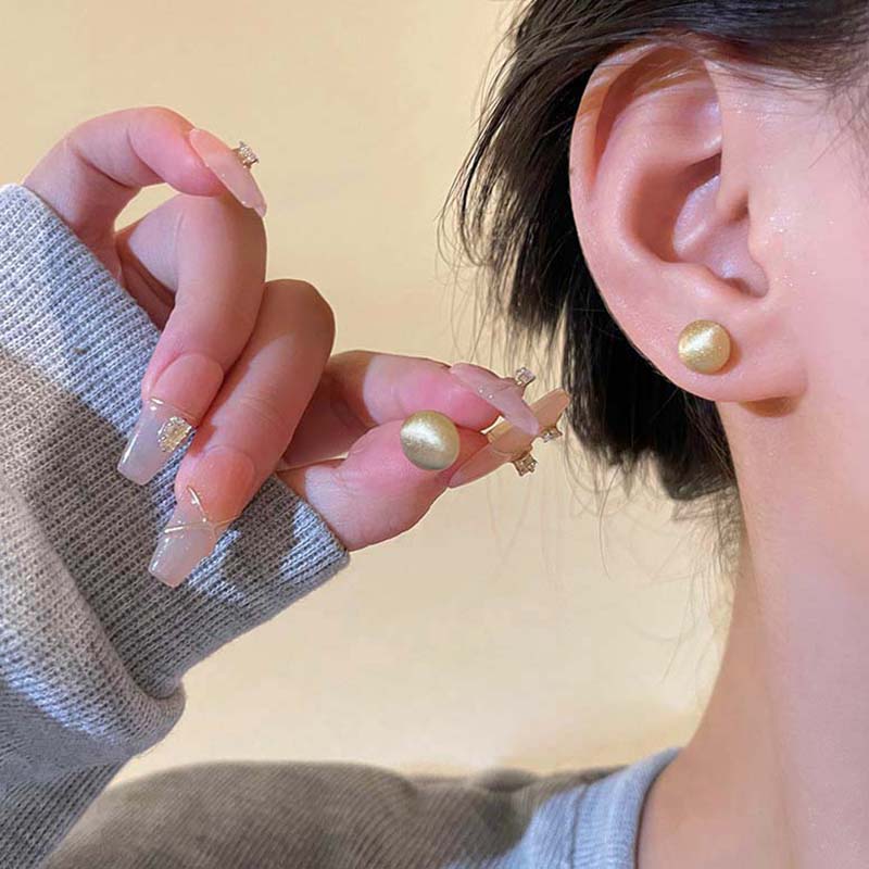 925 Silver Needle Matte Round Stud Earrings for Women Vintage Gold Color Bean Minimalist Elegant Y2K Accessories Fashion Jewelry