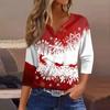 Женская футболка с рождественским принтом, на пуговицах, рукав 3/4, повседневная мода на выходные, базовый топ с V-образным вырезом