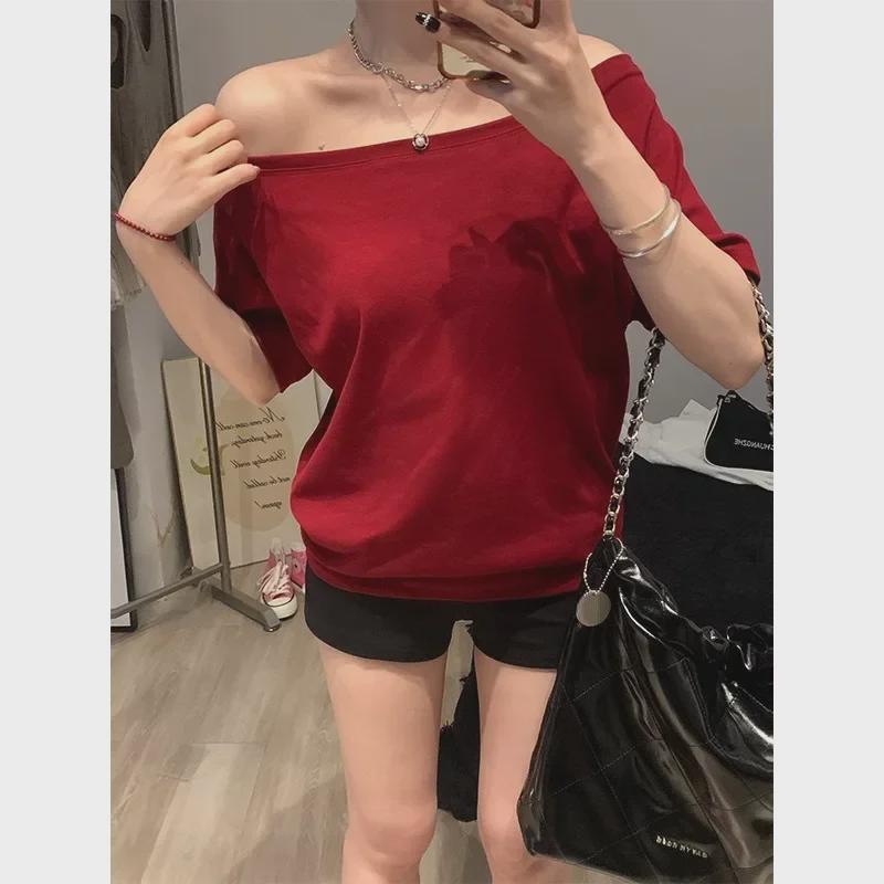 Women's 2025 Summer Off-Shoulder White T-Shirt - Solid, Short-Sleeved, Loose-Fit, Slimming Design