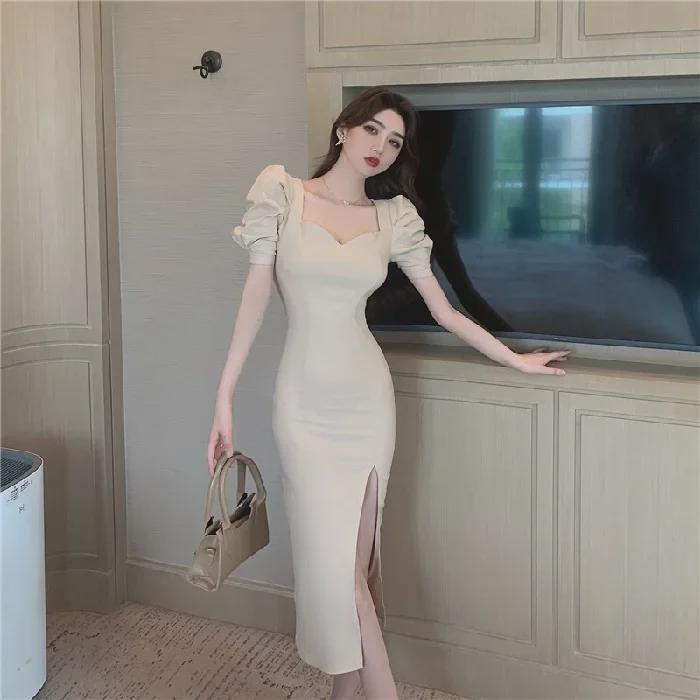 New Summer 2025 Black French Puff Sleeve Slim Fit Dress with Long Slit for Women