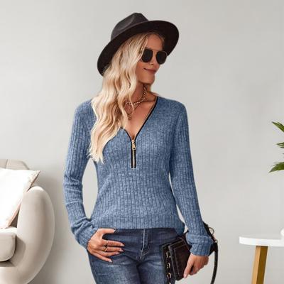 Женские топы с V-образным вырезом, застежкой-молнией и полузастежкой, с длинным рукавом, однотонные, облегающие, ребристые, трикотажные