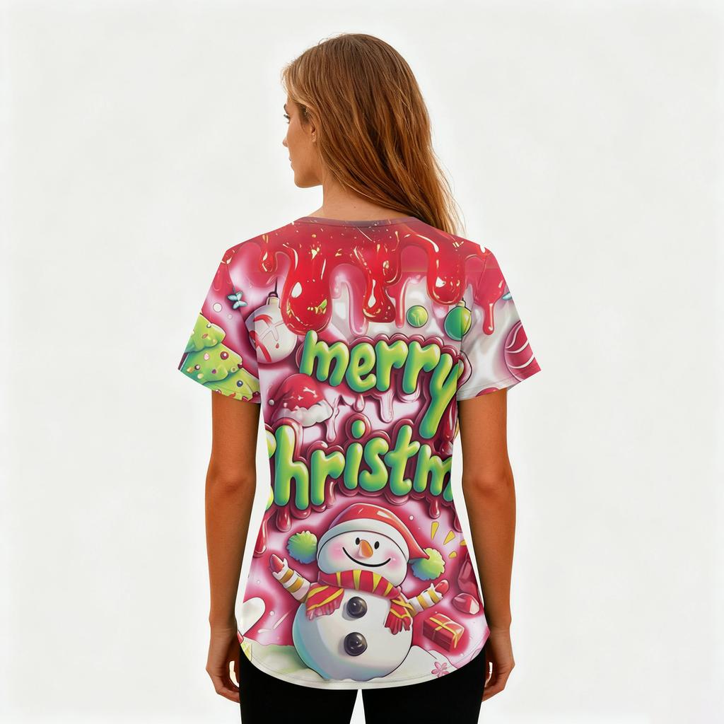 Ladies' Christmas Printed Fashionable V-neck Pocket Short Sleeved Uniform And Caregiver Top