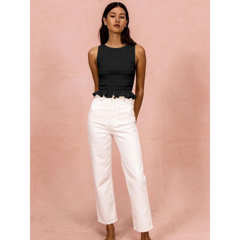 Женский весенний новый плиссированный топ с высокой эластичностью и оборкой по краю